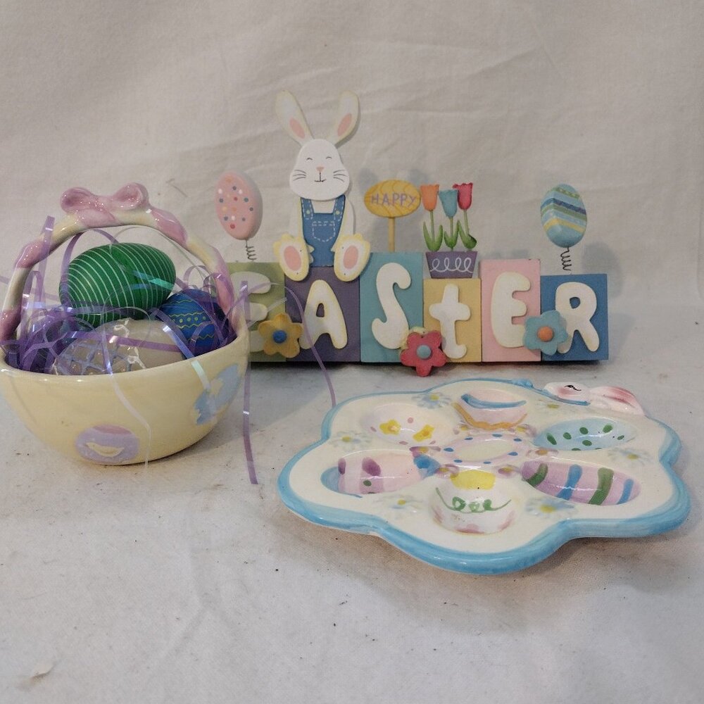 LOT OF 3 Easter Decor Wood Plaque Easter Basket Dish & Egg Plate
